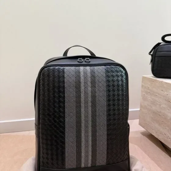 Bottega Veneta Intrecciato Striped Backpack Black Grey Backpack