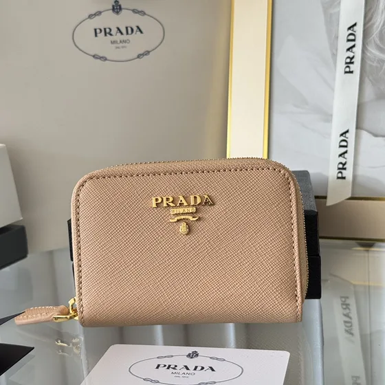 Prada Saffiano Metal Zip Coin Purse Beige Coin Purse
