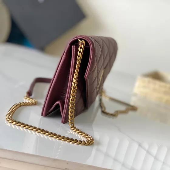 YSL Cassandre Matelass Envelope Chain Wallet Burgundy Woc