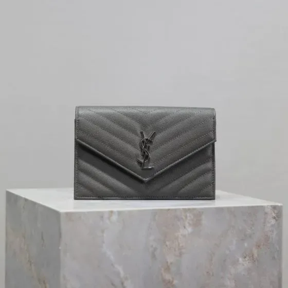 YSL Cassandre Matelass Envelope Wallet On Chain Gray Woc