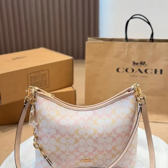 Coach Zip Top Shoulder Bag In Signature Canvas Beige Pink Hobo