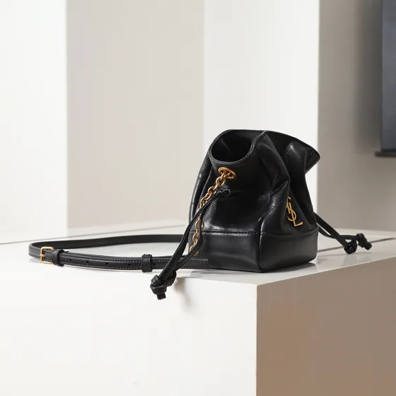 YSL Jamie Mini Chain Drawstring Bolsa balde Preto Crossbody