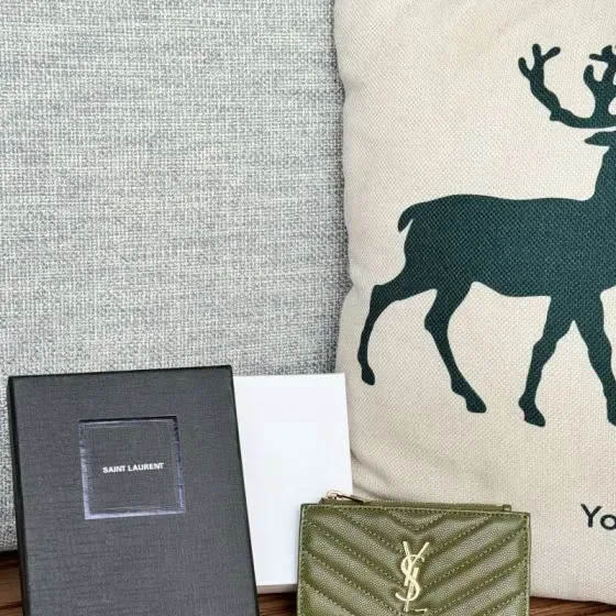 YSL Cassandre Matelass Fragments Zipped Card Case Olive Green Card Holder