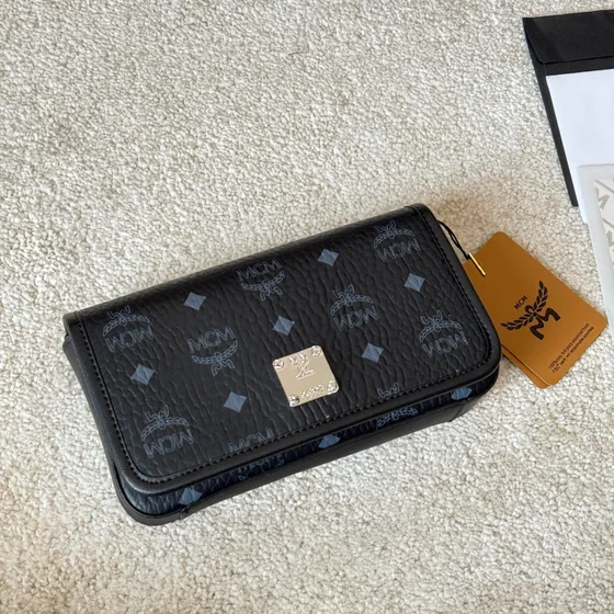 MCM Aren Crossbody Wallet In Visetos Original Black Cognac Crossbody