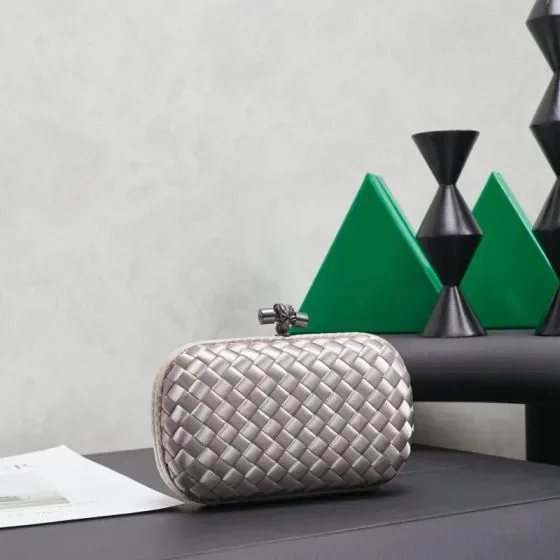 Bottega Veneta Intreccio Satin Knot Clutch Silver Gray Clutch
