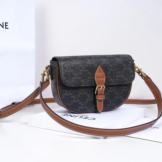 Celine Triomphe Folco Bag Tan Black Shoulder Bag