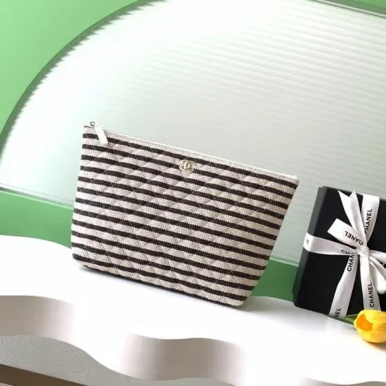 Chanel Classic Zip Pouch White Black Striped Clutch