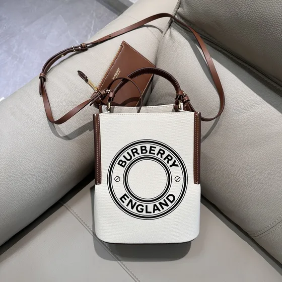 Burberry Mini Tela Logo Borsa tote Bianco With Marrone Trim Manico
