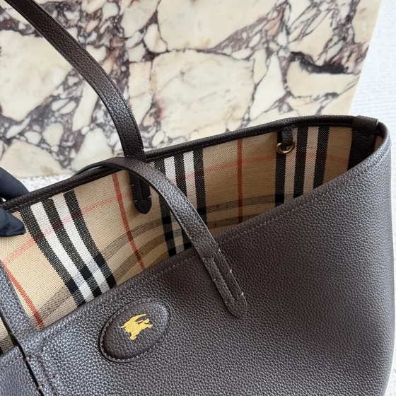 Burberry Grainy Leather Check Lined Tote Bag Dark Brown Tote Bag