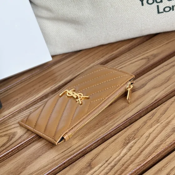 YSL Cassandre Matelassé Zipped Card Case Coklat Card Holder