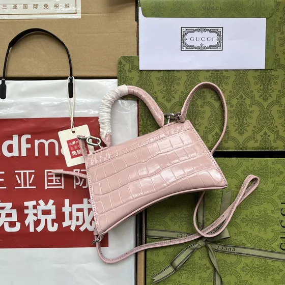 Balenciaga Hourglass Xs Crocodile Embossed Bag Pink Top Handle