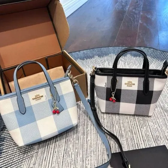 Coach Mini City Tote Light Blue Black White Gingham Tote Bag