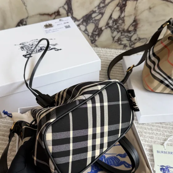 Burberry Check Drawstring Pouch Bag Black Crossbody