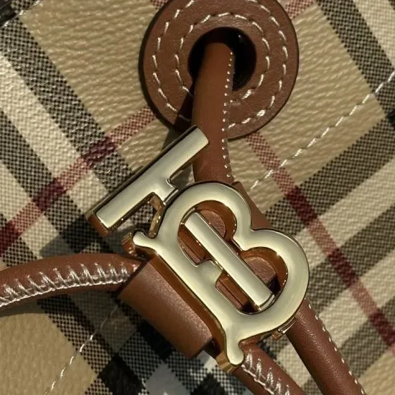 Burberry Check Drawstring Bag Beige Brown Crossbody