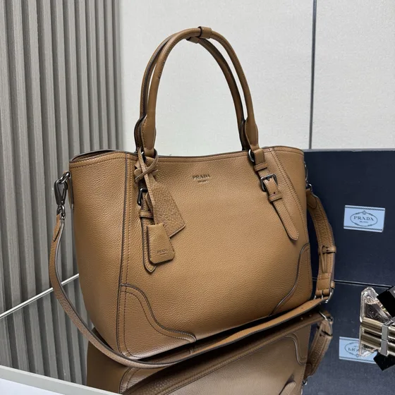 Prada Kulit Handbag With Shoulder Strap Caramel Coklat Tote Bag