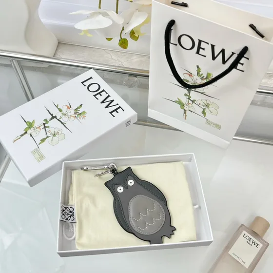 Loewe Owl Charm Keychain Grey Pouch