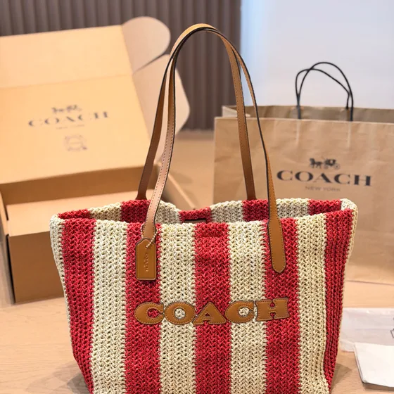 Coach Crochet Stripe Tote Bag Red And Beige Tote Bag
