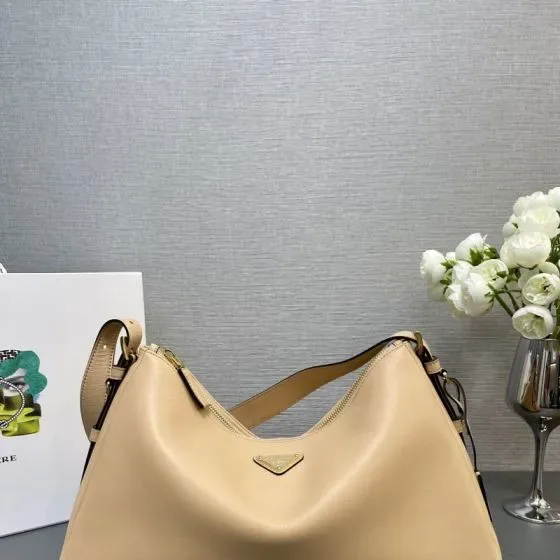 Prada Large Leather Shoulder Bag Beige Hobo