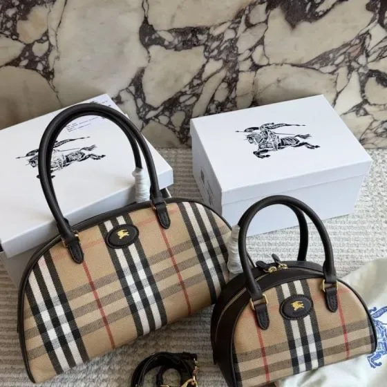 Burberry Check Crossbody Bowling Bag Beige Brown Top Handle