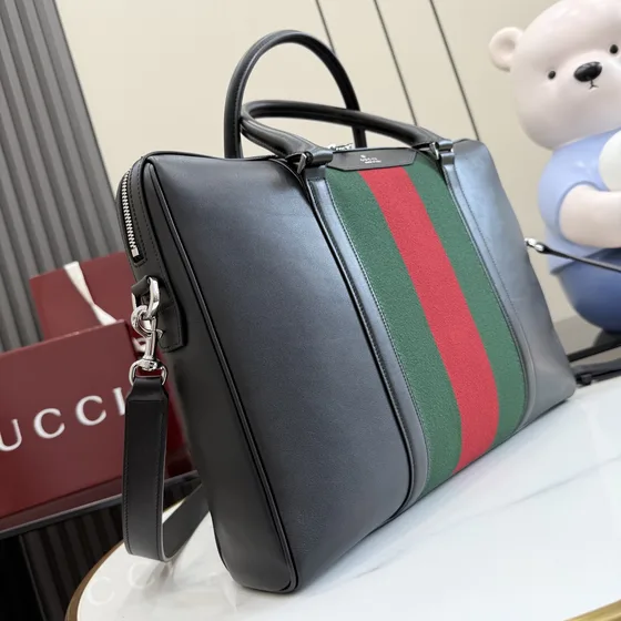 Gucci Web Detail Leather Briefcase Black Top Handle
