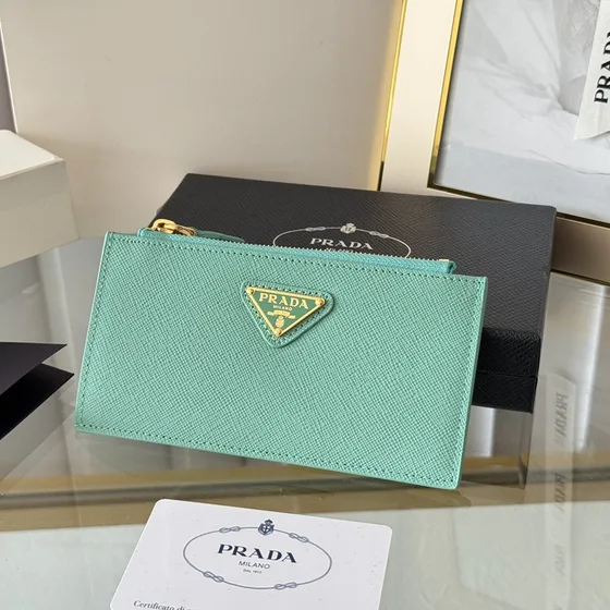 Prada Saffiano Leather Card Holder With Zipper Mint Green Card Holder