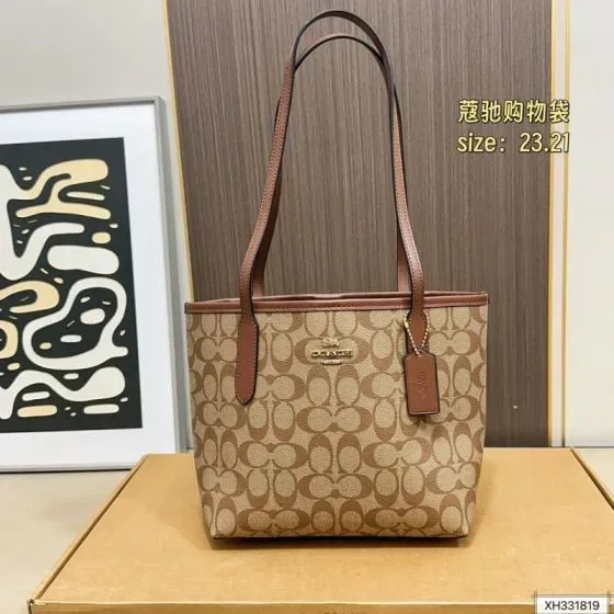Coach City Mini Tote Bag In Signature Canvas Khaki Brown 23 21cm Tote Bag