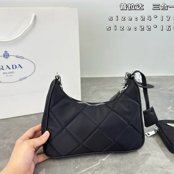 Prada Re-Edition 2005 Quilted Nilon 3-In-1 Bag Hitam 24*17cm/22*16cm Hobo