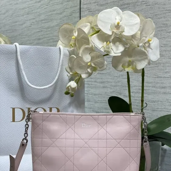 Dior Cannage Quilted Chain Pouch Pink Pouch