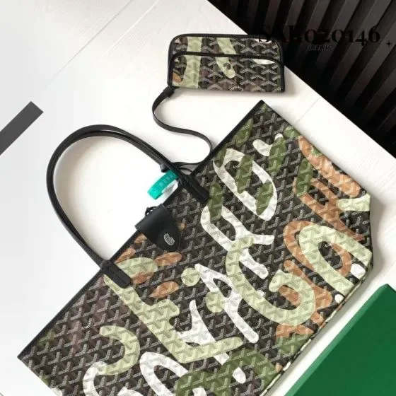 Goyard Saint Louis Pm Lettres Camouflage Black Green Brown White Tote Bag