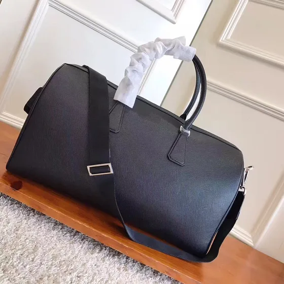 Prada Saffiano Leather Travel Duffle Bag Black Top Handle
