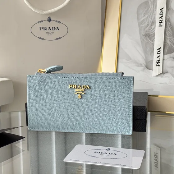 Prada Saffiano Couro Card Holder With Zipper Light Azul Card Holder