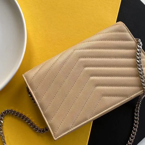 YSL Cassandre Envelope Chain Wallet Beige Woc