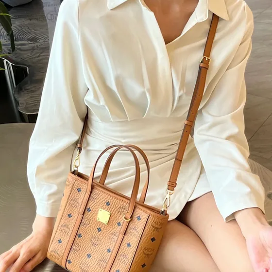 MCM Aren Tote In Visetos Cognac Brown Top Handle