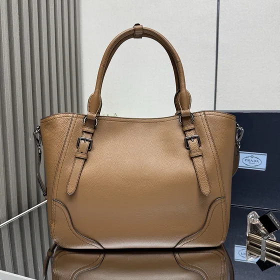 Prada Leather Handbag With Shoulder Strap Caramel Brown Tote Bag
