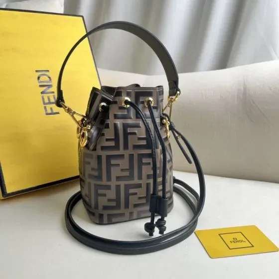 Fendi Mon Tr sor Mini Bucket Bag Brown Ff Logo With Black Trim Crossbody