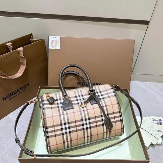 Burberry Check And Leather Bowling Bag Beige Brown Top Handle