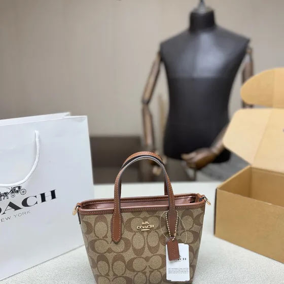 Coach City Mini Tote Bag In Signature Kanvas Light Khaki/Light Saddle Tote Bag