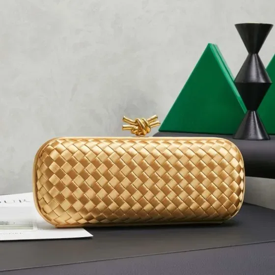 Bottega Veneta Intreccio Satin Knot Clutch Gold Clutch