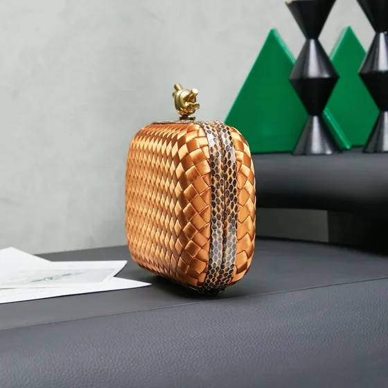 Bottega Veneta Intreccio Satin Knot Clutch Copper Gold Clutch