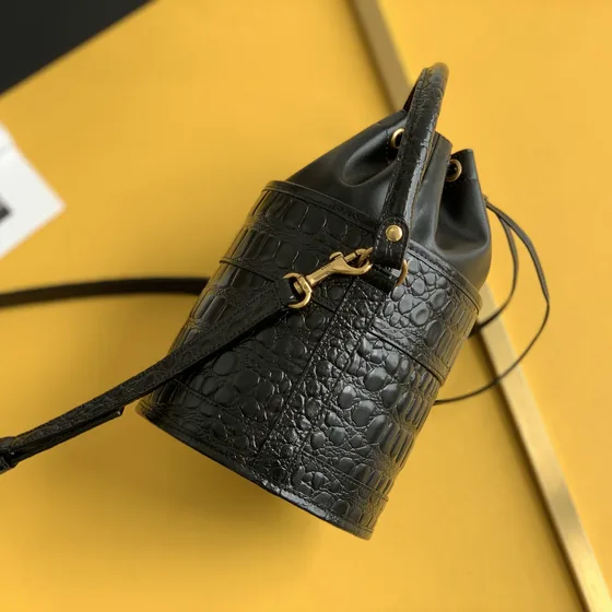 YSL Small Croc-Embossed Leather Bucket Bag Black Crossbody