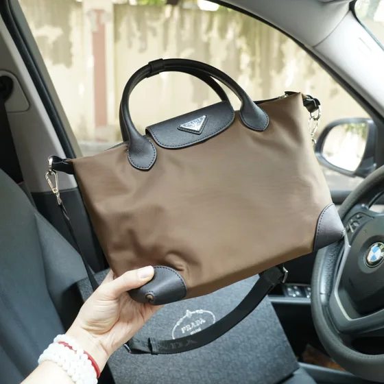 Prada Re-Nylon And Saffiano Leather Tote Bag Beige Gray Tote Bag