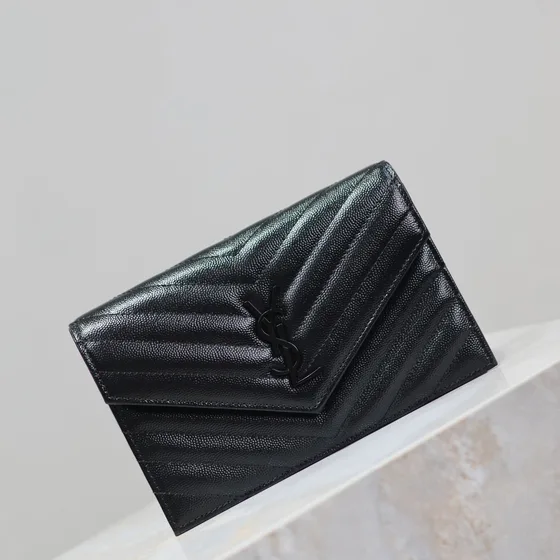 YSL Cassandre Matelass Envelope Wallet On Chain Black Woc