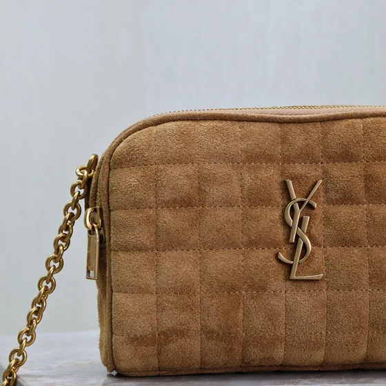 YSL Cassandre Matelassé Carré Daim Mini Camera Bag Camel Marron Crossbody