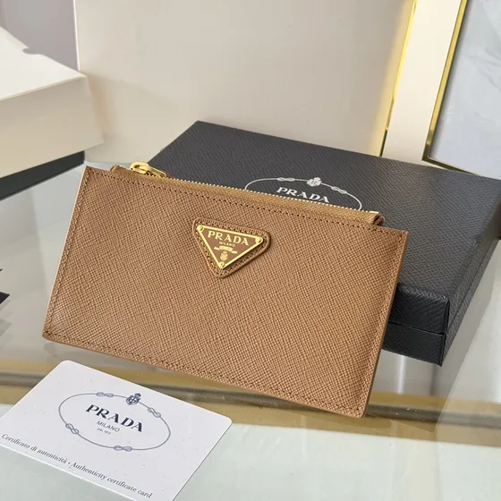Prada Saffiano Piel Card Holder With Zipper Camel Marrón Card Holder