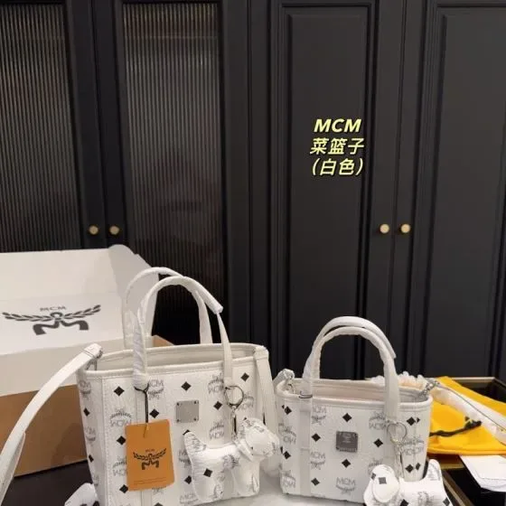 MCM Aren Visetos Top Handle Shopper White Tote Bag