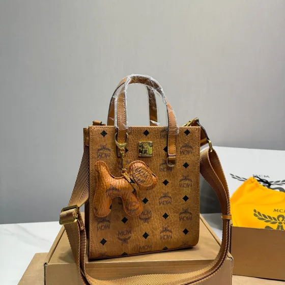 MCM Aren Visetos Tote Cognac Top Handle