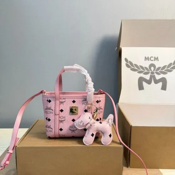 MCM Aren Visetos Mini Top Handle Shopper Pink Top Handle