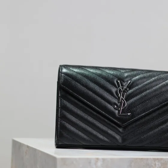 YSL Cassandre Matelassé Chevron Envelope Wallet On Chain Hitam Woc