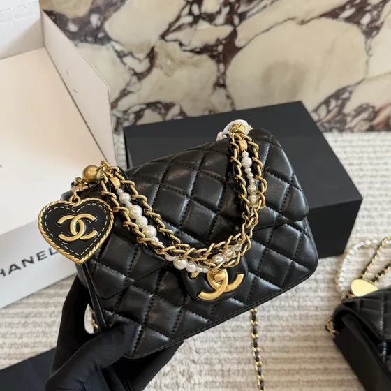 Chanel Pearl Love Heart Chain Flap Bag Black Flap Bag