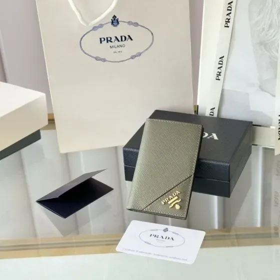 Prada Saffiano Leather Card Holder Grey Green Card Holder